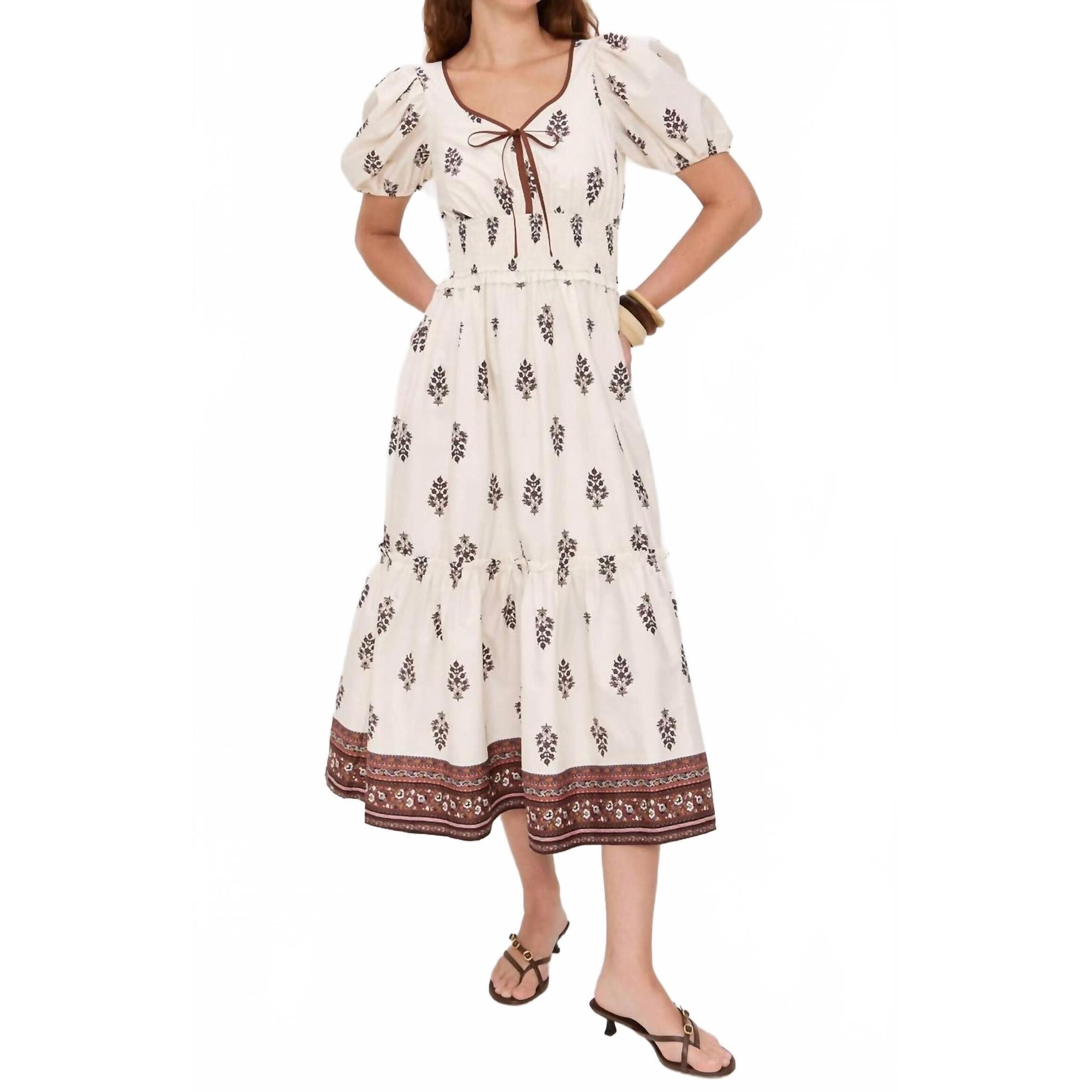 New Moon River Puff Sleeve Pleated Midi Dress In Cream Multi